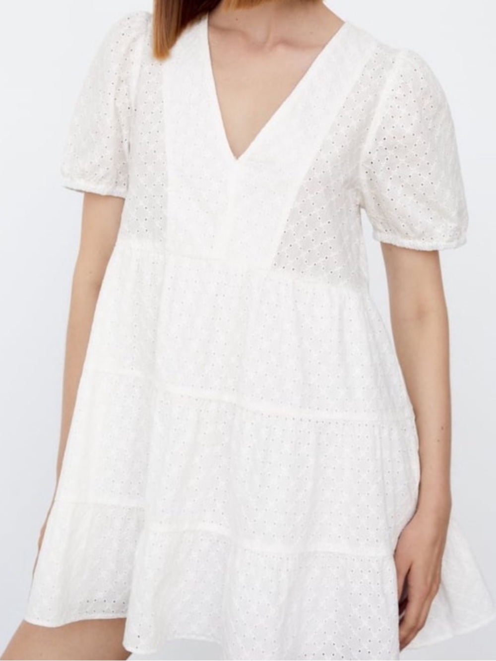 Zara 100% Cotton White Embroidered Eyelet V‑Neck Tiered Mini Dress